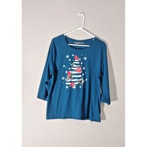 Jason Maxwell Christmas Shirt Womens XL Top Blue 3/4 Sleeves Tree Cardinal Snow